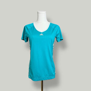 ADIDAS Top Women Size XS Teal Blue Activewear VneckShort Sleeves Gym Athleisure